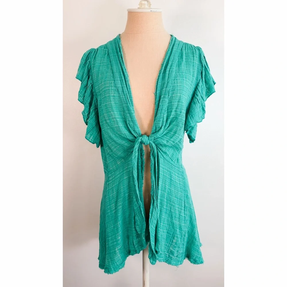 Free People One Angie Textured Gauze Front Tie Boho Top - Picture 2 of 15